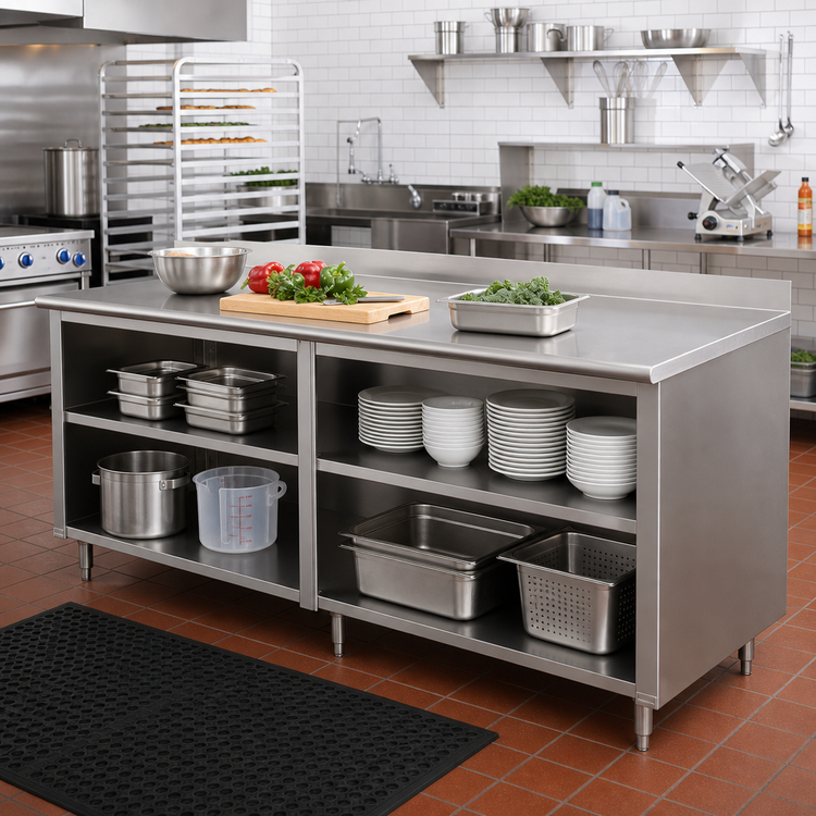 Product image #2 for Advance Tabco Special Value Series 84" x 30" Economy Open Front Cabinet Base Work Table with 5" Backsplash and Mid-Shelf