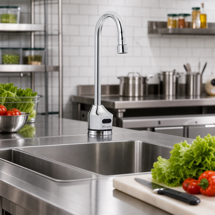 Product image #2 for ChekPoint Touchless Electronic Deck-Mount Faucet with Rigid Gooseneck Spout, Mixing Valve, and Hydro-Generator Power Supply