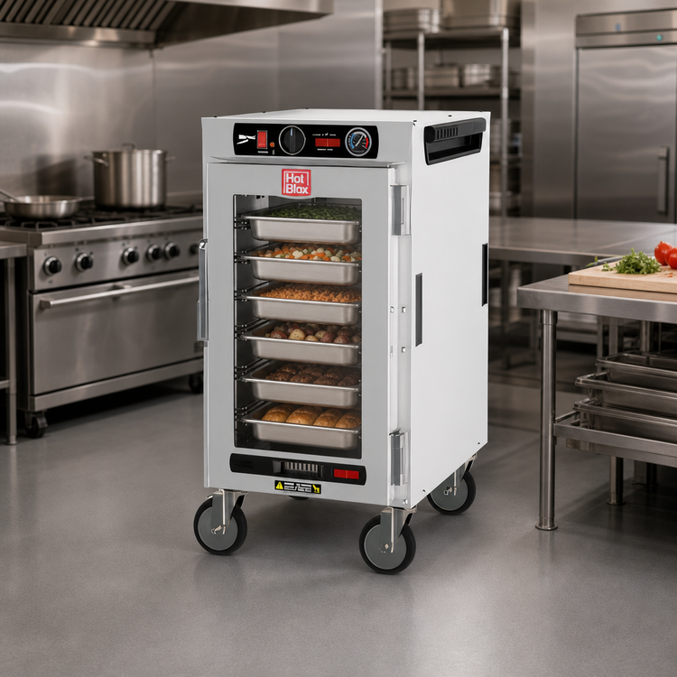 Product image #3 for Metro HotBlox Narrow 8-Pan Half-Height Mobile Insulated Holding Cabinet, Clear Door, Analog Controls