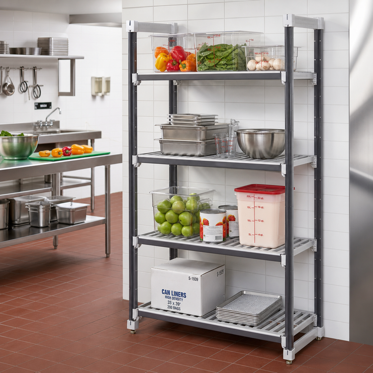 Product image #2 for Cambro Camshelving Elements XTRA 24"W x 72"L x 84"H 4-Tier Vented Stationary Starter Polymer Shelving Unit, Speckled Gray
