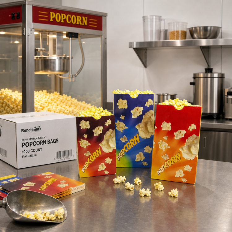 Product image #2 for Benchmark 46 oz Orange Coated Flat-Bottom Popcorn Butter Bags, 1,000-Count Case