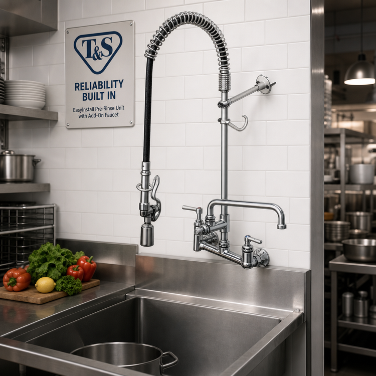 Product image #2 for T&S Brass EasyInstall 8-Inch Wall Mount Pre-Rinse Unit with 12-Inch Swing Nozzle and Add-On Faucet