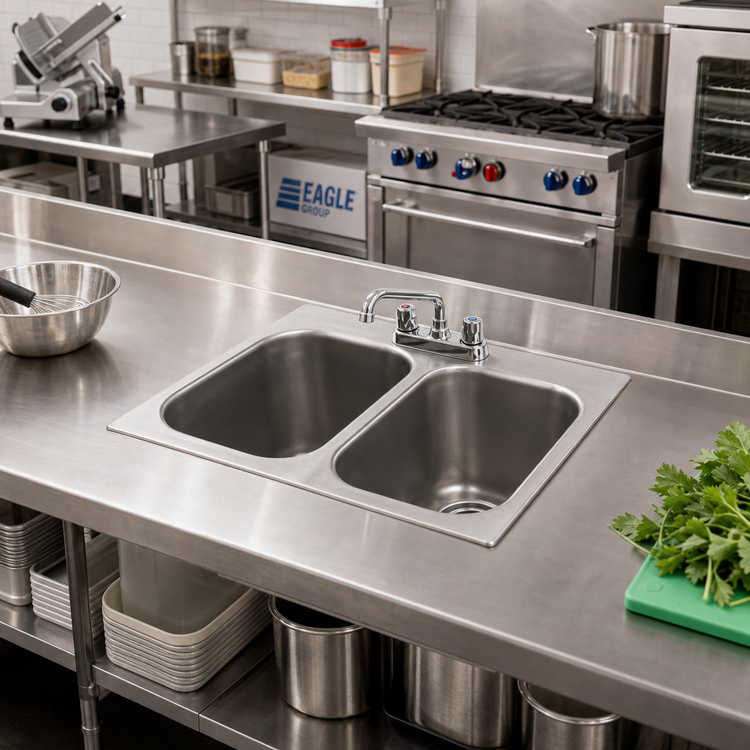Product image #2 for Eagle Group Self-Rimming Two-Compartment Drop-In Sink, 10" x 14" x 9-1/2" Bowls, 304 Stainless Steel
