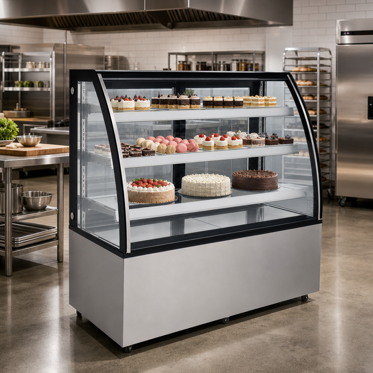Product image #2 for Omcan 60-Inch Curved Glass Floor Refrigerated Showcase, 18.89 Cu. Ft., See-Thru, 3-Shelf