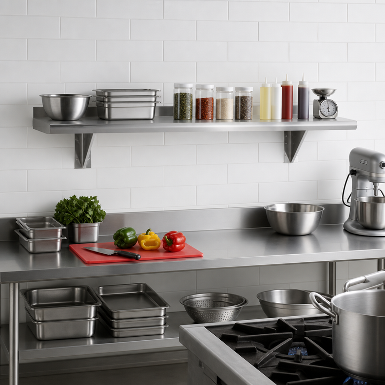Product image #2 for Advance Tabco 120" x 12" Wall-Mounted Stainless Steel Shelf, 18 Gauge, Satin Finish