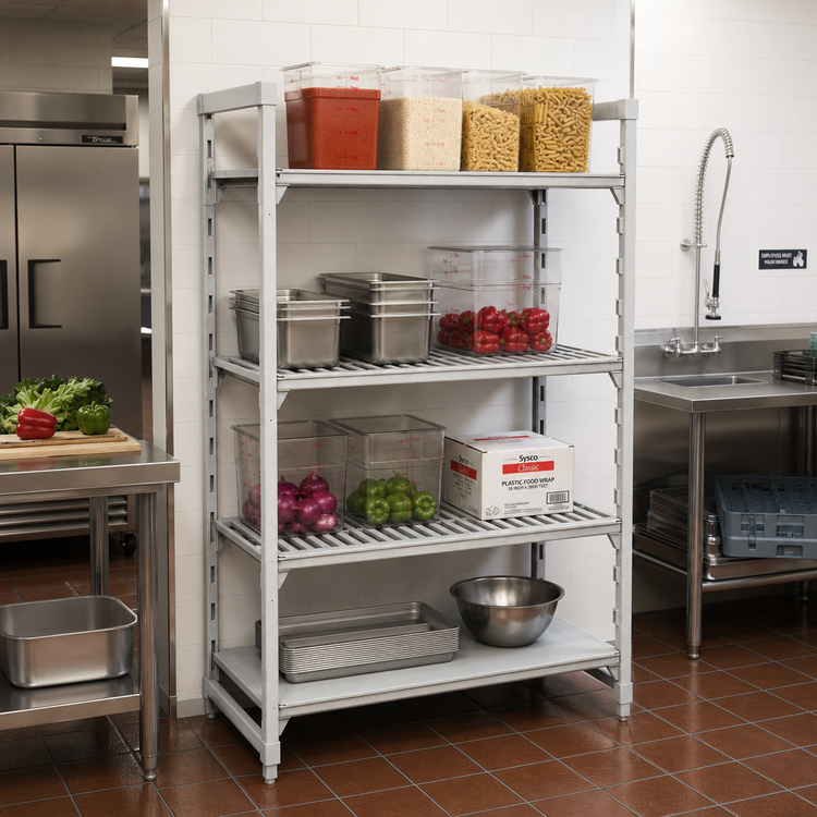Product image #3 for Cambro Camshelving Premium Stationary Polymer Shelving Starter Unit, 24 x 42 x 72 Inches, 4-Tier, 3 Vented + 1 Solid, Speckled Gray
