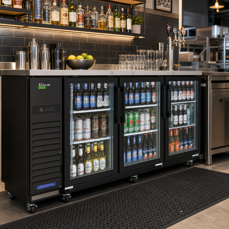 Product image #2 for Turbo Air Super Deluxe Narrow Back Bar Cooler with 3 Glass Doors, 20.62 Cu. Ft., Self-Contained Side-Mount