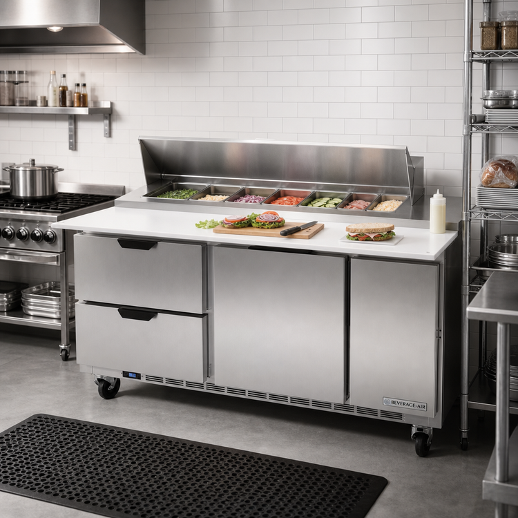 Product image #3 for Beverage-Air 72-Inch Three-Section Sandwich Prep Table with 12-Pan Top, 2 Doors, 2 Drawers, and Rear-Mounted Refrigeration