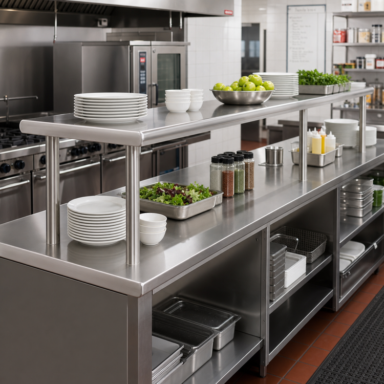 Product image #2 for Advance Tabco Double-Tier Pass-Thru Shelf, 144 Inch W x 18 Inch D, 18/430 Stainless Steel