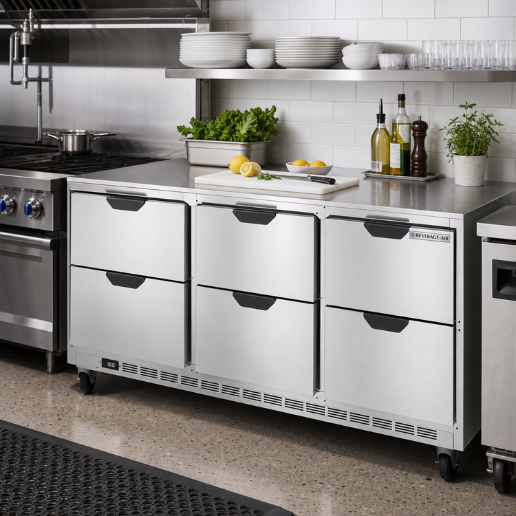 Product image #2 for Beverage-Air 72-Inch Three-Section Undercounter Drawer Refrigerator, Rear-Mounted Self-Contained R290