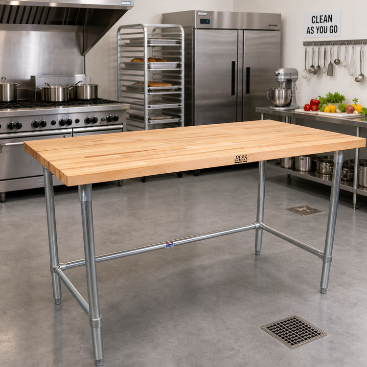 Product image #2 for John Boos 96" x 36" Northern Hard Rock Maple Wood Top Work Table with Stainless Steel Base