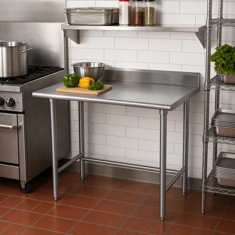 Product image #2 for Advance Tabco Special Value Series 30 Inch x 24 Inch Stainless Steel Work Table with 5 Inch Backsplash and Open Base