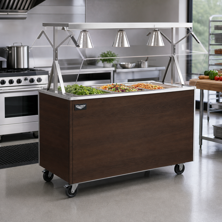 Product image #2 for Vollrath 2-Series Affordable Portable 46-Inch 3-Pan Non-Refrigerated Cold Food Station with Buffet Breath Guard, Lights, and Walnut Woodgrain Solid Base