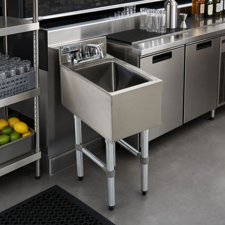 Product image #2 for Advance Tabco Underbar Basics Stainless Steel Free-Standing Underbar Hand Sink with Deck-Mount Faucet, 12 x 21 Inch