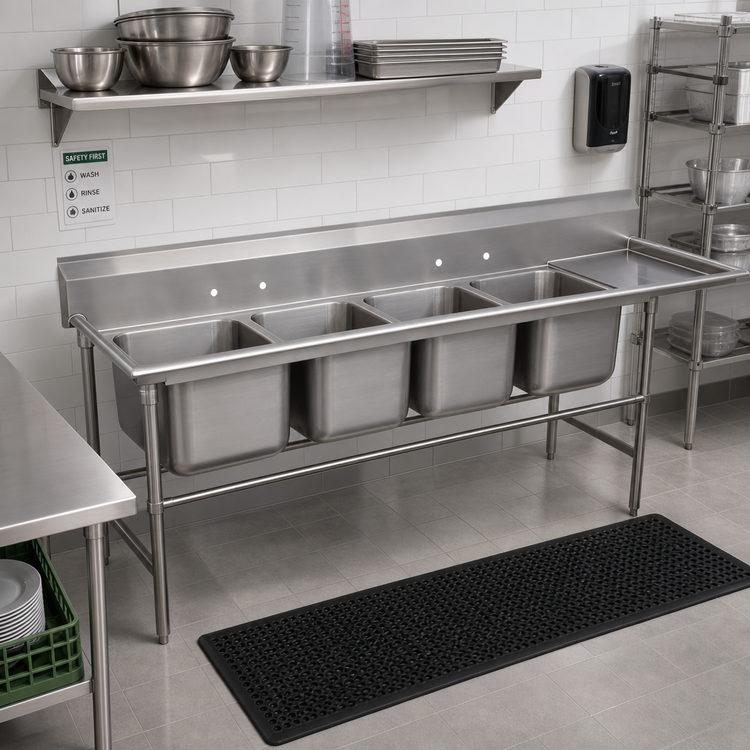 Product image #2 for Advance Tabco Regaline 4-Compartment Stainless Steel Sink with Right-Hand 18-Inch Drainboard, 20 x 20-Inch Bowls, 14-Inch Deep
