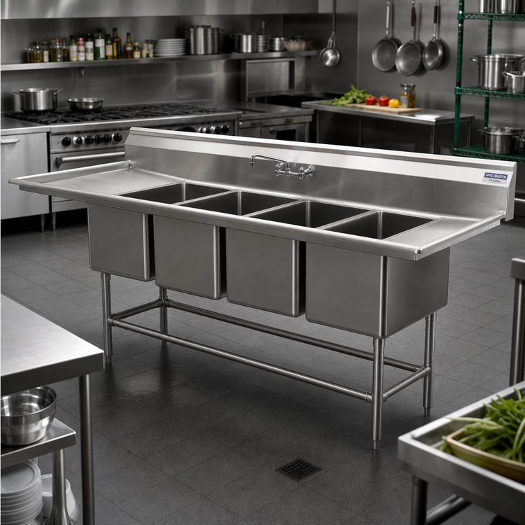 Product image #2 for Spec-Master FN Series Four-Compartment Stainless Steel Sink with 24" Left Drainboard