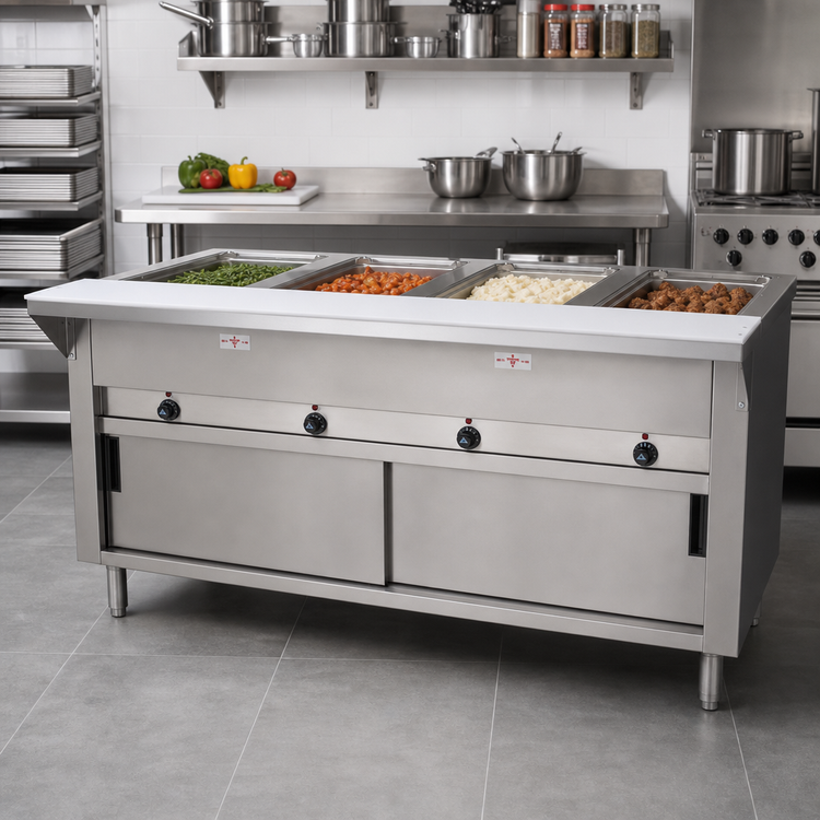 Product image #2 for Advance Tabco Triumph Supreme Electric 4-Well Open Well Hot Food Table with Stationary Enclosed Base and Cutting Board