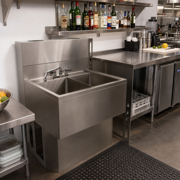 Product image #3 for BK Resources 48-Inch Three-Compartment Underbar Slimline Sink with Right Drainboard, Faucet, and 4-1/2-Inch Backsplash