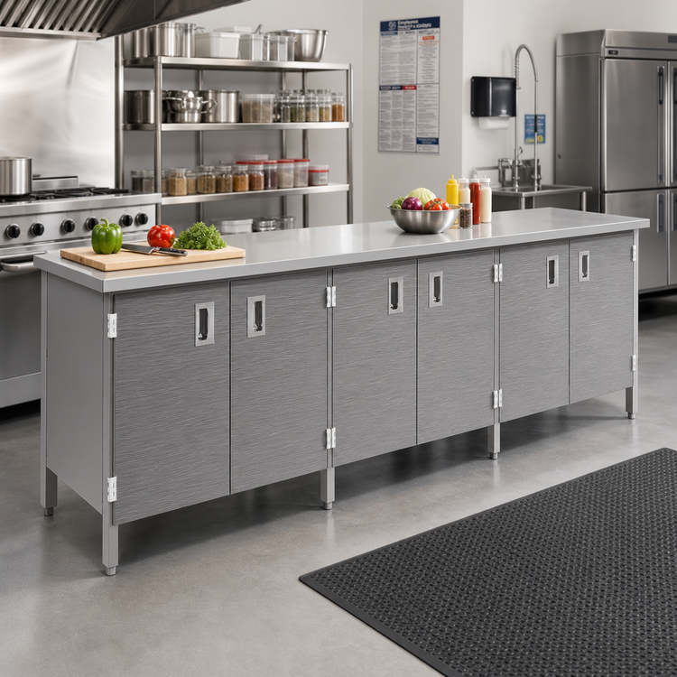 Product image #2 for Stainless Steel Enclosed Work Table with Cabinet Base and Hinged Doors, 108 x 30 Inch Flat Top