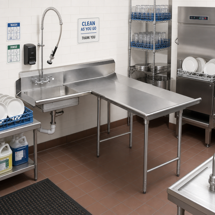 Product image #2 for Advance Tabco Right-Hand L-Shaped Dishlanding Soil Dishtable with Pre-Rinse Sink, 95-Inch, 14/304 Stainless Steel