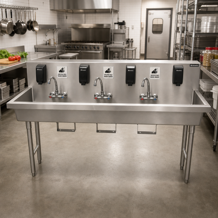 Product image #2 for BK Resources Three-Station Freestanding 304 Stainless Steel Hand Wash Sink, 72-Inch Wide