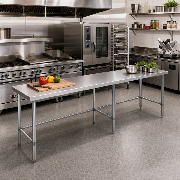 Product image #2 for Sapphire 108-Inch x 18-Inch x 35-Inch Flat Top Stainless Steel Work Table with Open Base and Galvanized Legs