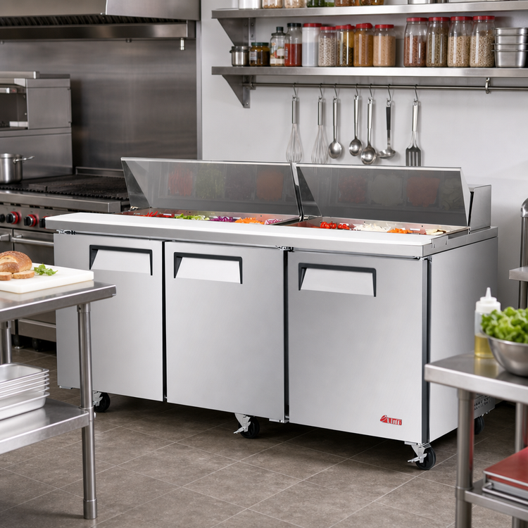 Product image #2 for Turbo Air E-Line Three Section Sandwich/Salad Refrigerated Prep Table, 72-5/8 Inch, 19 Cu. Ft., 3 Doors, Self-Contained