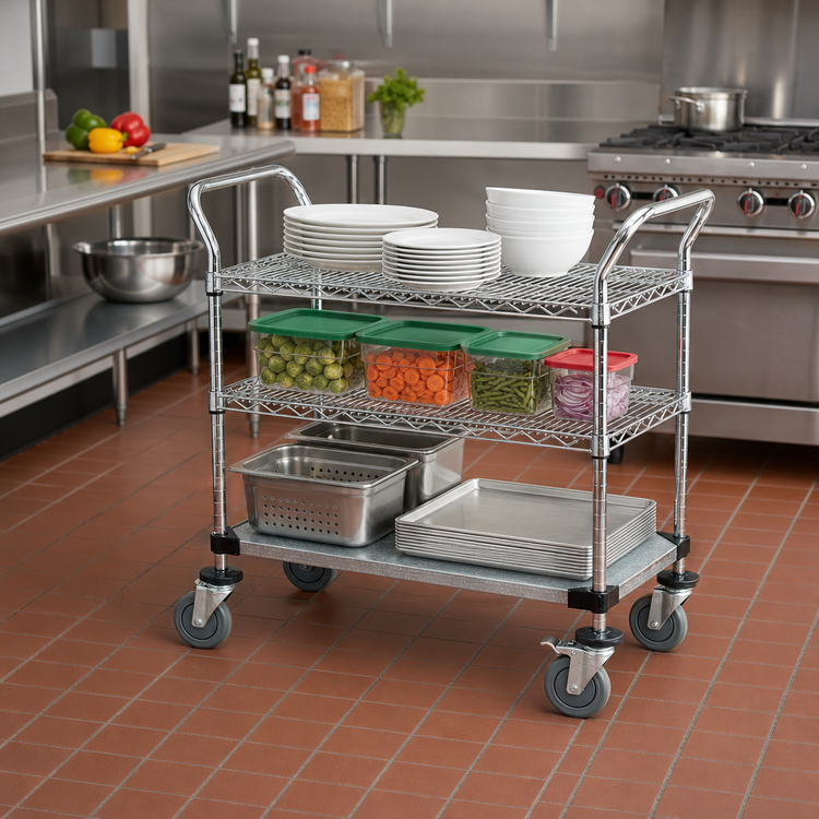 Product image #2 for Quantum 3-Shelf Utility Bus Cart with Chrome-Plated Wire Shelves and Solid Shelf, 42 x 21 Inches