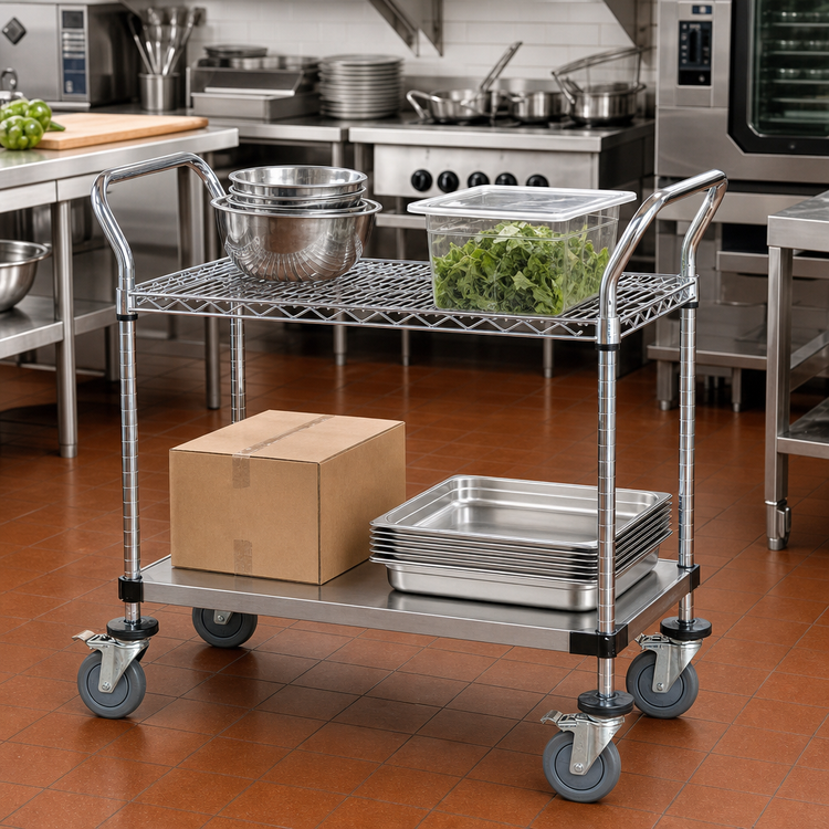 Product image #2 for Quantum WRC-2142-2CG 42-Inch x 21-Inch Chrome-Plated Utility Bus Cart with Wire and Solid Shelves, 1200 lb Capacity