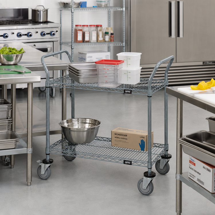 Product image #2 for Quantum 48 x 21 Inch Gray Epoxy Antimicrobial 2-Shelf Utility Bus Cart with U-Handles