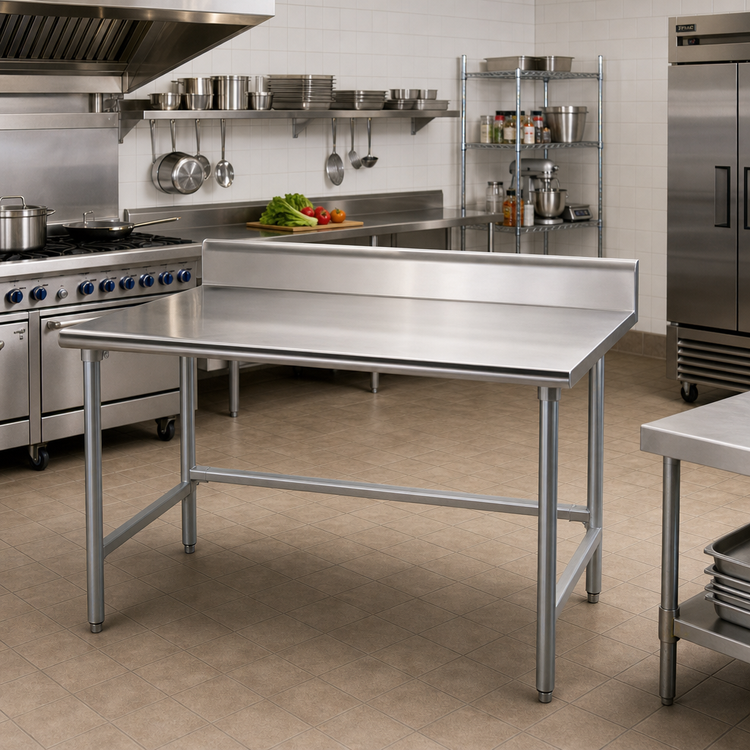 Product image #2 for Advance Tabco 48-Inch x 36-Inch 14-Gauge 304 Stainless Steel Work Table with 5-Inch Backsplash and Galvanized Open Base