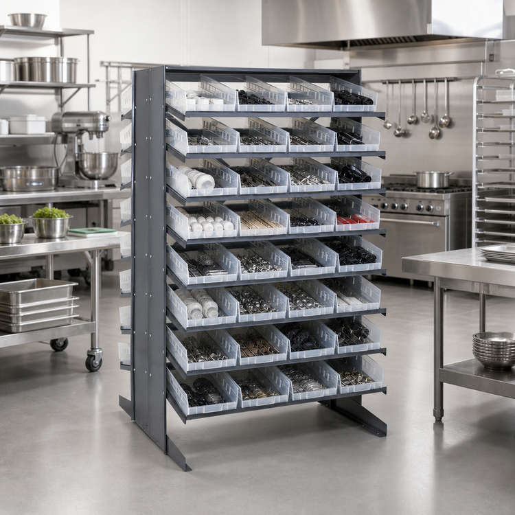 Product image #2 for Quantum Double-Sided Sloped Pick Rack with 16 Shelves and 64 Clear Bins, 36 x 36 x 60 Inches