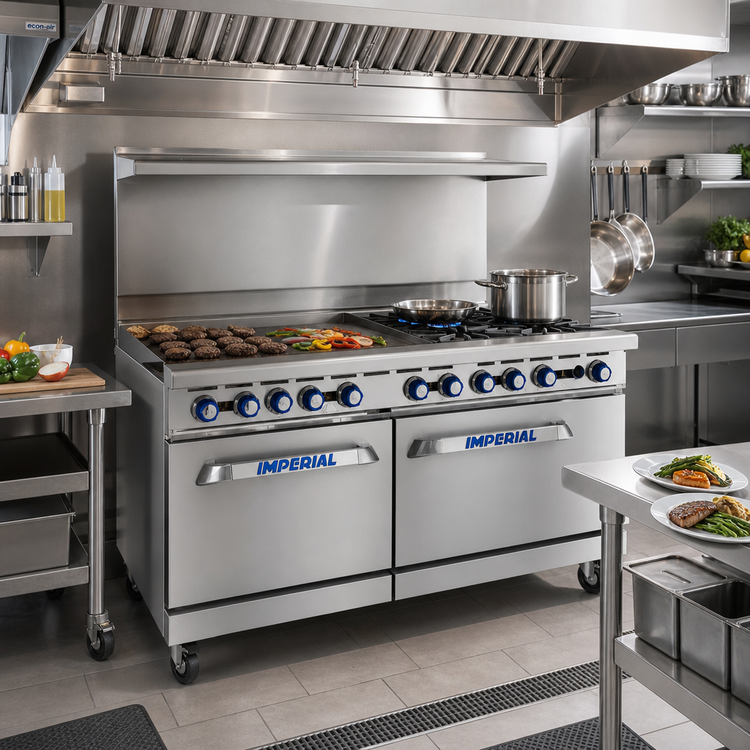 Product image #2 for Imperial Pro Series 48-Inch Commercial Gas Restaurant Range with 2 Open Burners, 36-Inch Griddle, and 2 Space-Saver Ovens