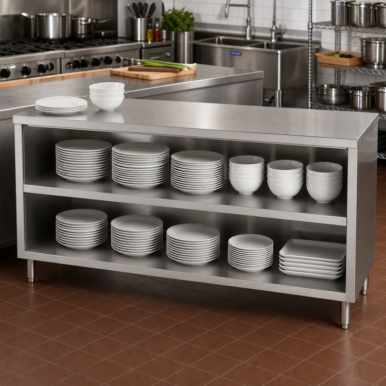 Product image #2 for John Boos 72-Inch Open Front Dish Cabinet with Stainless Steel Top, Open Base, and Mid-Shelf