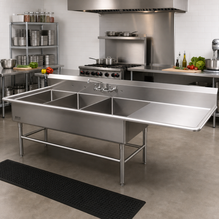 Product image #2 for John Boos Pro-Bowl 3-Compartment Stainless Steel Sink with Right-Hand Drainboard and Leg Base, 84-3/16" x 33-1/2"
