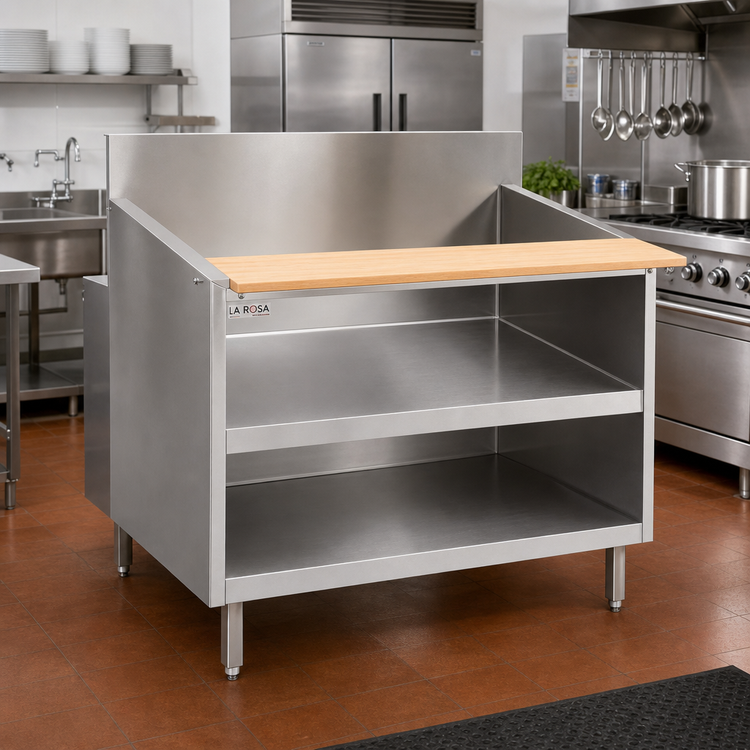 Product image #2 for La Rosa 90-Inch x 26-Inch Stainless Steel Equipment Stand with Open Cabinet Base and Cutting Board
