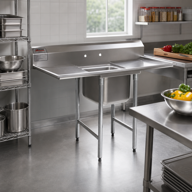 Product image #2 for Eagle Group 414 Series 1-Compartment Drainboard Sink with Left and Right Drainboards, 56 Inch W x 31-3/4 Inch D