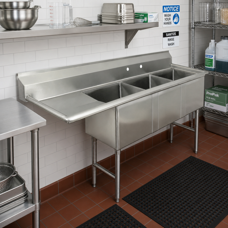 Product image #2 for Advance Tabco 3-Compartment Fabricated Sink with 15-Inch Left Drainboard, 62-1/2 Inch Long