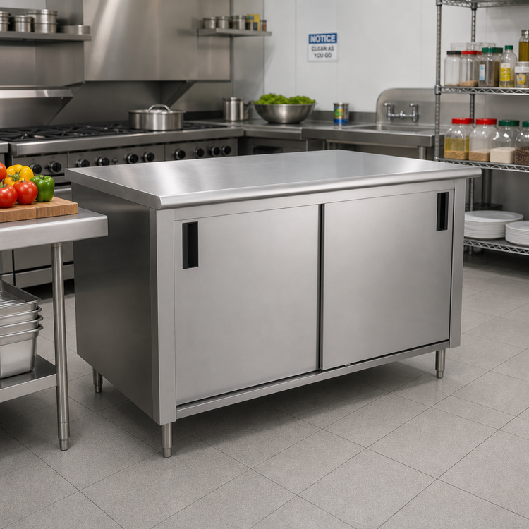 Product image #2 for Advance Tabco Special Value Series 60 Inch x 30 Inch Enclosed Work Table with Cabinet Base, Sliding Doors, and 16-Gauge 304 Stainless Steel Top