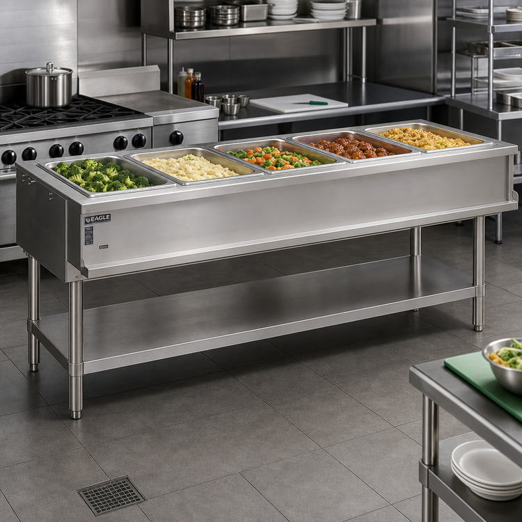 Product image #2 for Eagle Group 5-Pan Water Bath Hot Food Table, Natural Gas, Open Base, 79 Inch x 30-1/2 Inch