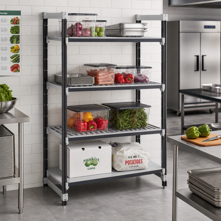 Product image #2 for Cambro Camshelving® Elements XTRA Stationary Starter Unit, 21"W x 72"L x 64"H, 4-Tier, 3 Vented + 1 Solid, Speckled Gray