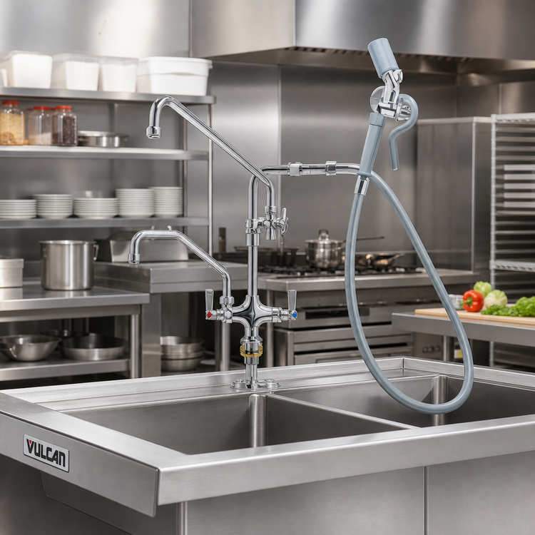 Product image #2 for Vulcan Double Pantry Deck-Mount Pre-Rinse Faucet with 16-Inch Add-On Faucet and Washdown Hose