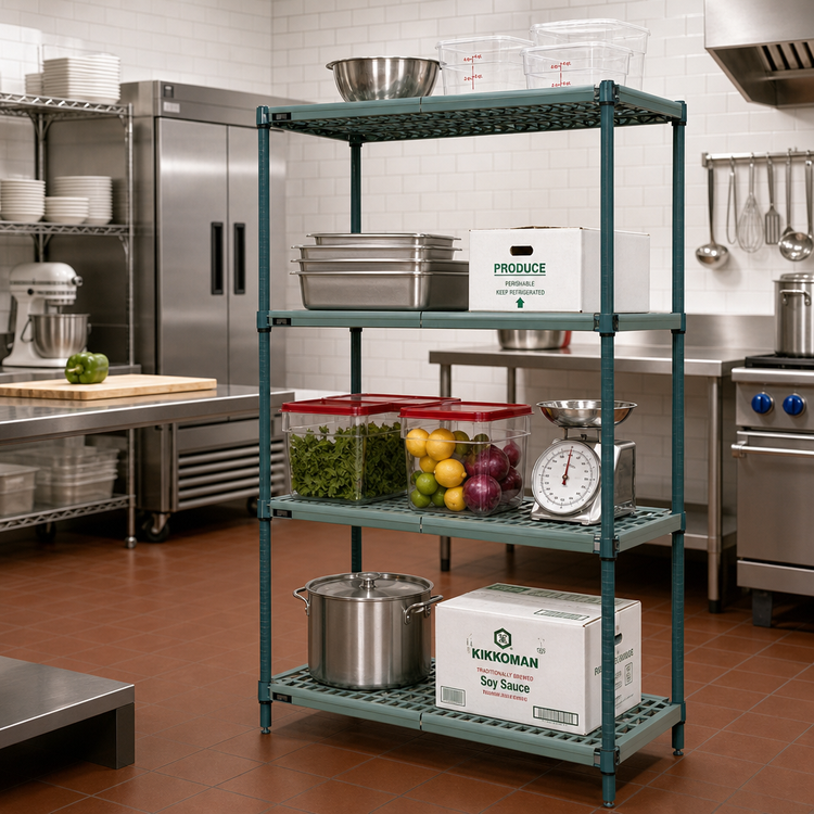 Product image #2 for Quantum Stationary 4-Tier Wire Plastic Mat Shelving Unit, 42" W x 21" D x 74" H, Green Epoxy Antimicrobial Finish