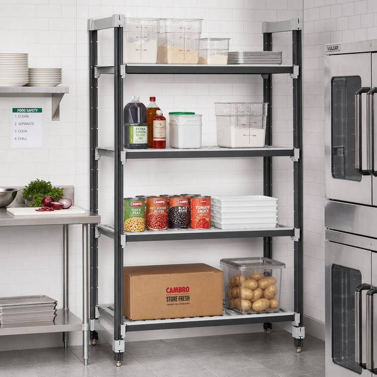 Product image #2 for Cambro Camshelving Elements XTRA 4-Tier Stationary Starter Unit, 21" x 60" x 84", Vented Polymer Shelving, Speckled Gray