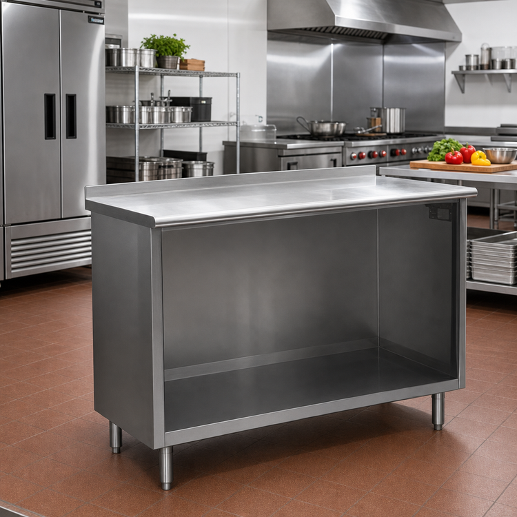 Product image #2 for Spec-Master 120-Inch Stainless Steel Cabinet Base Work Table with Open Front and 1-1/2-Inch Rear Up-Turn