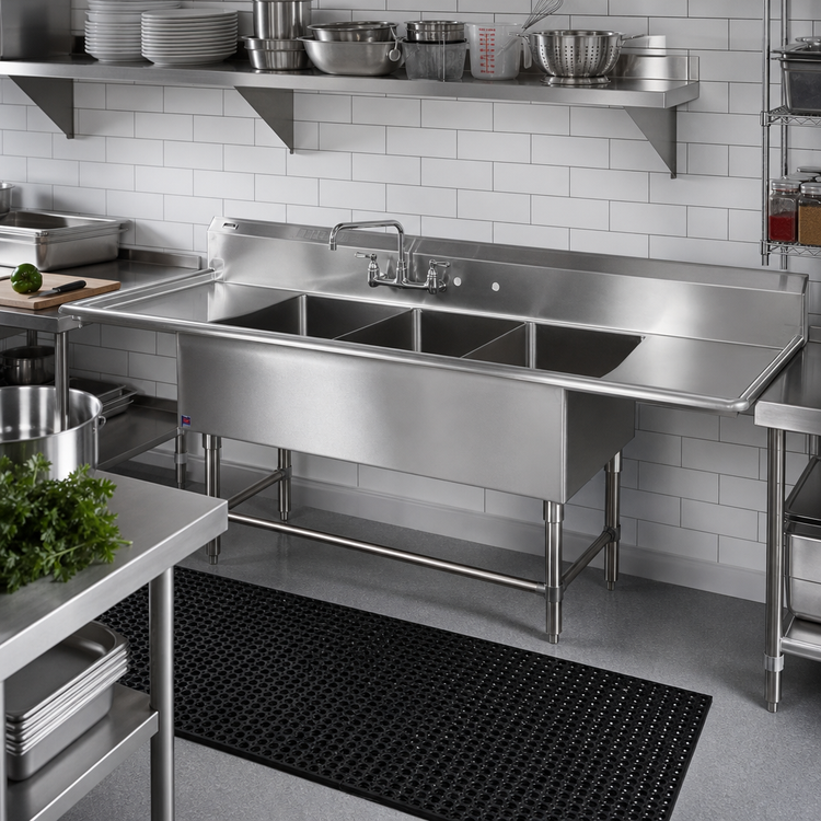 Product image #2 for John Boos Pro-Bowl 3-Compartment Sink with Left and Right 18-Inch Drainboards, 20 x 20 x 14-Inch Deep Bowls, 16 Gauge Stainless Steel
