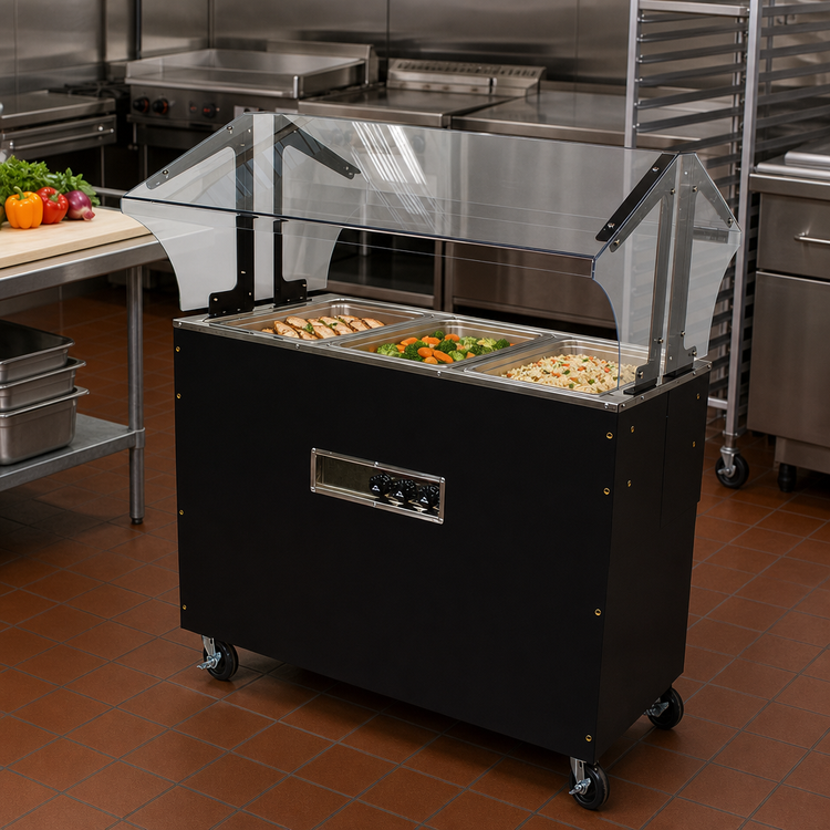 Product image #2 for Advance Tabco Triumph Supreme Portable Electric Hot Food Buffet Table with 3 Stainless Steel Wells and Double-Sided Sneeze Guard