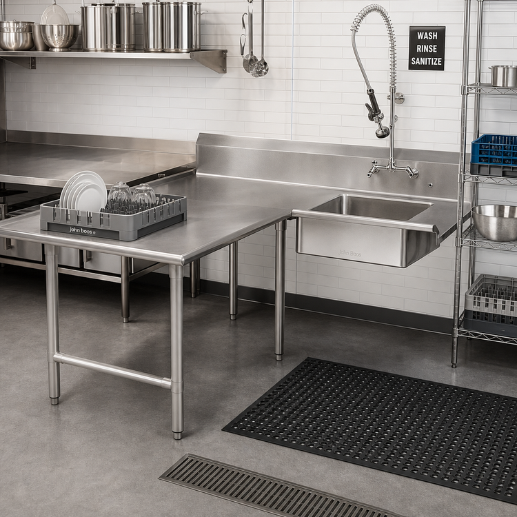 Product image #2 for John Boos Pro-Bowl L-Shaped Soiled Landing Dishtable with 20" x 20" x 8" Pre-Rinse Bowl, 84" Corner-to-End, Left-to-Right