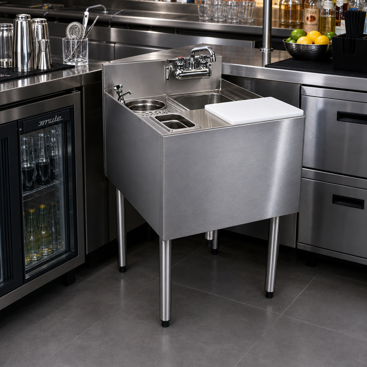 Product image #2 for CHOICE 20-Inch Freestanding Stainless Steel Underbar Mixology Unit with Sink, Rinser, Dipper Well, and Cutting Board