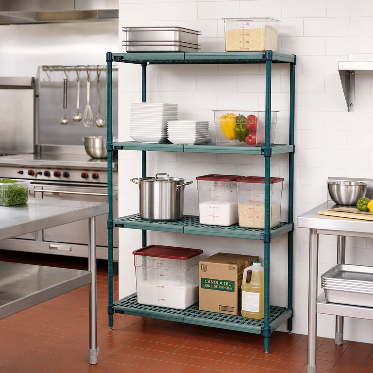 Product image #2 for Quantum 4-Tier Stationary Wire Plastic Mat Shelving Unit, 60 x 14 x 63 Inch, Green Epoxy